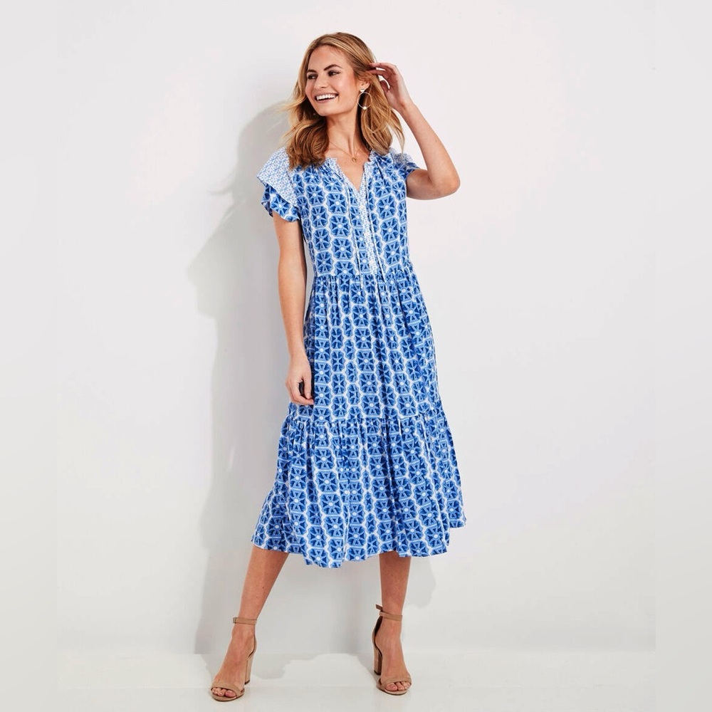Vineyard Vines Preppy Cottagecore Tiered Ruffle Boho Feminine Midi Dress